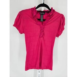 Vintage Y2K Suzie Rose Womens Sz M Short Sleeve Top Bright Pink Ruffled Neckline